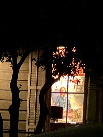Across the street, a person. No, a painting.