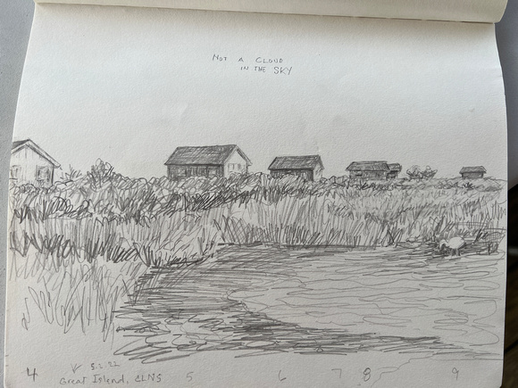 Line of cabins from the marsh, Jennie's drawing
